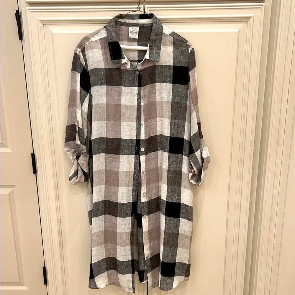 Plaid Linen Button-Up Shirt Dress